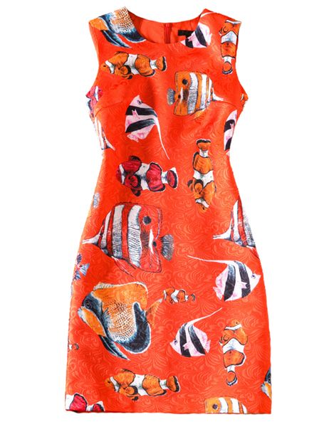 

cute fishes print women sheath dress sleeveless casual dresses 07k809, Black;gray