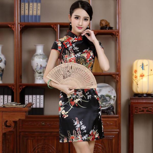 

chinese women's satin short black cheongsam in red modern qipao women plus size embroidery style traditional dress formal