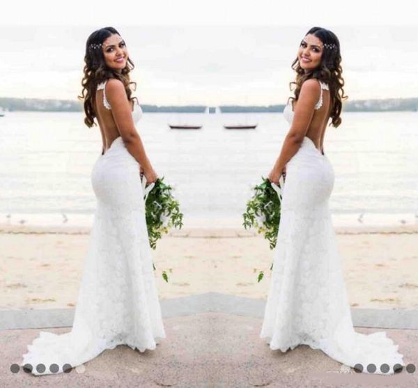 

beach country style lace mermaid wedding dresses boho backless deep v neck backless wedding dress bridal gowns simple wear, White
