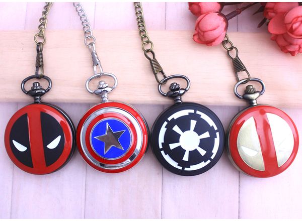 

2018 new necklace watch vintage style bronze steampunk usa captain deadpool head pocket watch for xmas gift, Slivery;golden