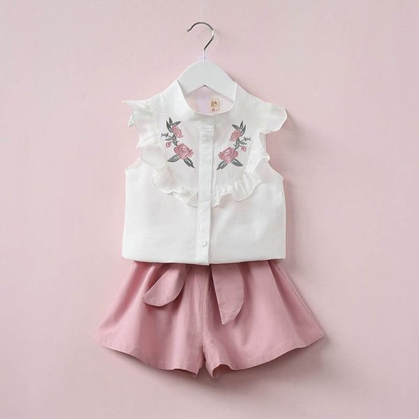 

New girs Kids clothing Flower Embroidery girl's set causal summer girl Sleeveless Turn Down Collar shirt+ short kids clothing sets