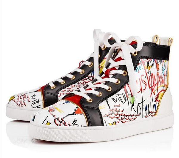 

fashion brand graffiti patent leather high red bottom sneakers shoes women men luxury designer flat casual red sole autumn winter leisur, Black