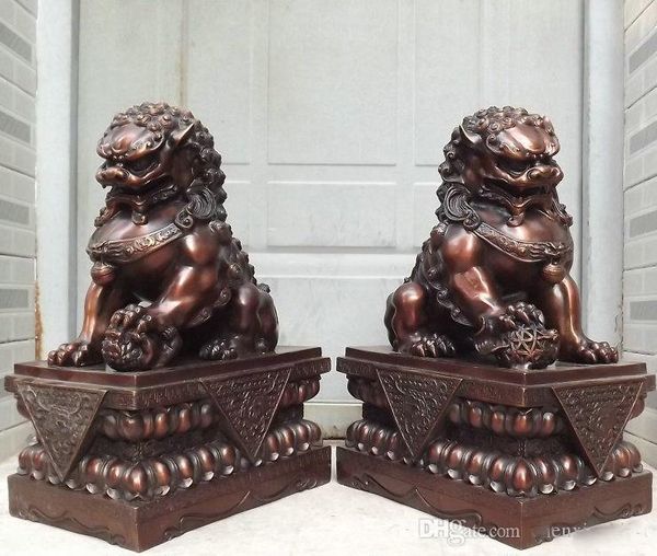 

collectible 18" china pure bronze copper tutelary door guardian fu foo dog lion statues pair free