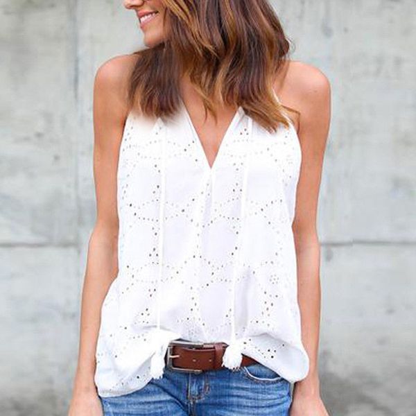 

new summer women hollow out t-shirts solid lace-up sleeveless vest black white shorts fashion elegant v-neck tank 6q1806