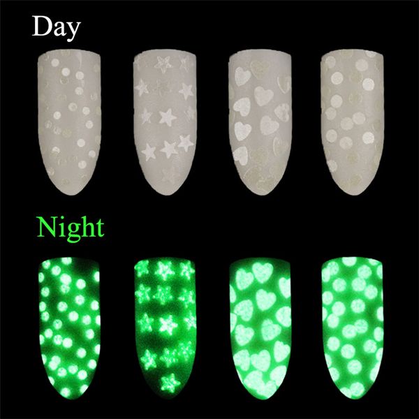 

nail art fluorescent luminous sequins heart star round 1.5mm 3mm ultra-thin nail glitter flakes powder glow in the dark 1g/box, Silver;gold