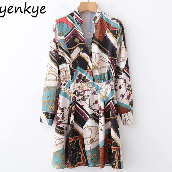

women vintage patchwork chain print dress lady v neck long sleeve gathered seam waist a-line mini casual dress tunic xdwm1648, Black;gray
