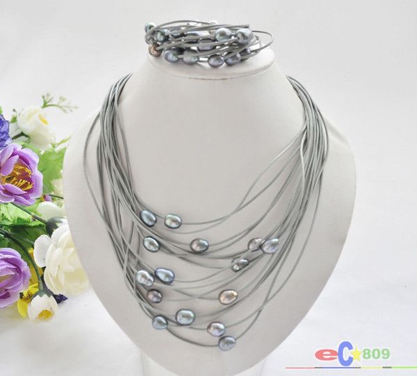 

wholesale 15row 13mm black rice pearl gray leather necklace & bracelet, Silver