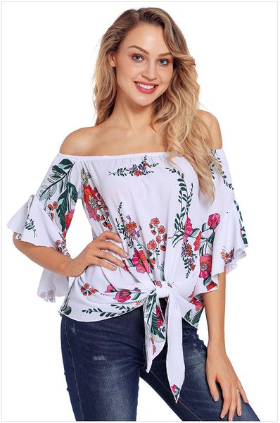 

Womens Slash Neck Tops US Size Retro Floral Printed Blouse 3 Colors Tied Bottom Designs Sexy Blouse Free Shipping Female Tops