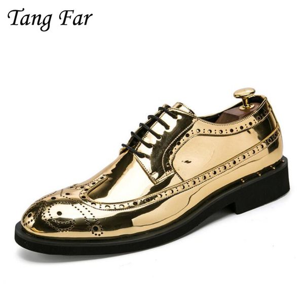

plus size 46-39 italian silver patent leather mens brogue dress shoes chaussure homme gold men wedding oxford formal shoes, Black
