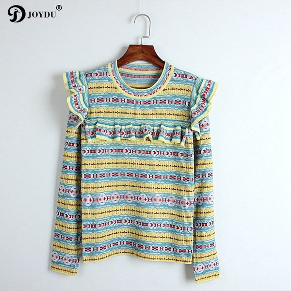 

joydu vintage runway fashion sweater women 2018 autumn crochet stripe shoulder ruffles slim casual knitting pullovers female, White;black