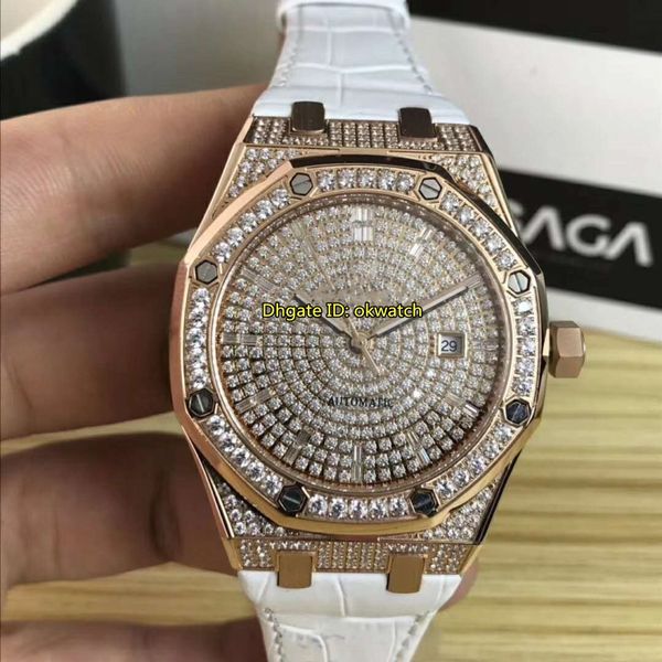 

3 стиля высокое качество часы 41 мм 15452 бриллианты 18 к розовое золото автоматические мужские часы 15452or плотный алмазный циферблат кожа, Slivery;brown