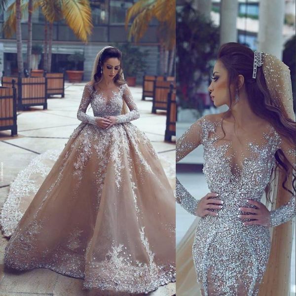 Parlayan Ağır Boncuk Gelinlik Sheer Boyun Şampanya Balo Gelinlikler Illusion Uzun Kollu Mermaid Düğün Vestidos Custom Made