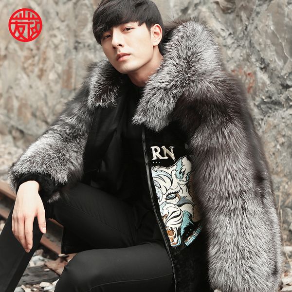 

new design modern embroidered mens real sheepskin coat with hooded, Black