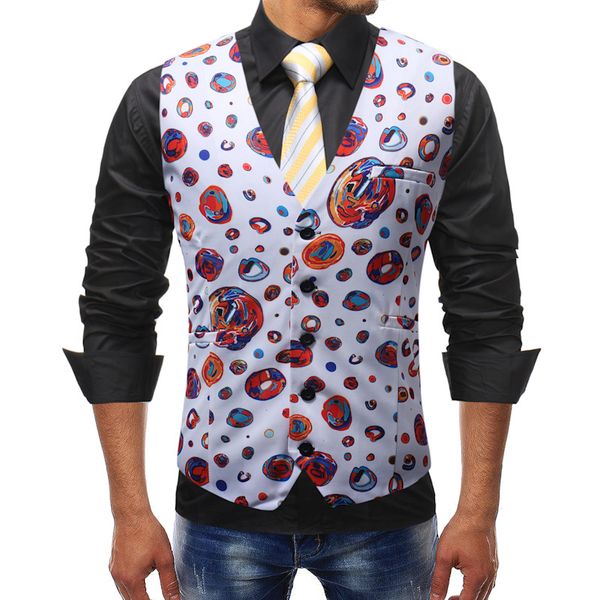 

men vest new chalecos para hombre men fashion print geometric circle vest casual suit dress four seasons colete masculino, Black;white