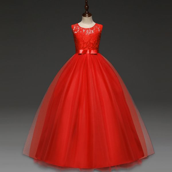Acheter Pas Cher Rouge Dentelle Fleurs Filles Robes Courtes 2018 Mariage Enfants Robes Tulle Filles Parti Robes O Cou Arc Pageant Robes Robe De Bal