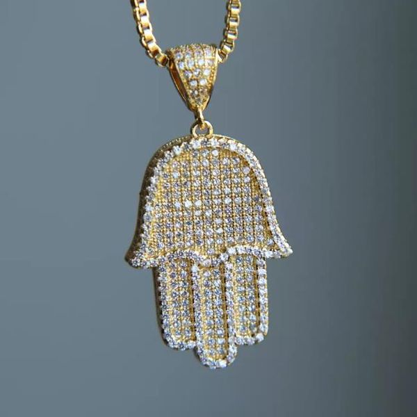 

new hip hop bling box chain 24" women men couple gold silver color iced out hamsa hand pendant necklace with cz