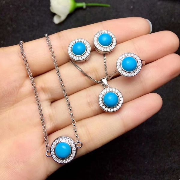 

natural blue turquoise jewelry sets natural gemstone ring earring pendant bracelet s925 silver fashion simple round girl gift, Black