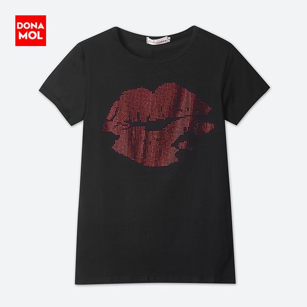 

summer for women 2018 short sleeved black fashion tshirt red lips decorate diamonds oversized pure coon ladies c1139, White