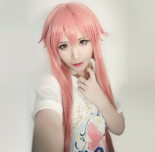 Longo-de-rosa peruca traje cosplay para o futuro diário Mirai Nikki Yuno Gasai Costume