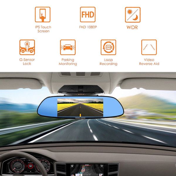 Pantalla táctil de 7.0/" Real HD en el coche espejo retrovisor Monitor Cámara en Tablero Lente Dual