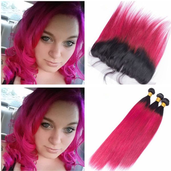 Fasci di tessuto per capelli umani rosa ombre peruviani vergini con frontale in pizzo pieno 13x4 dritto serico 1B / ombre rosa caldo 3 pacchi con frontale