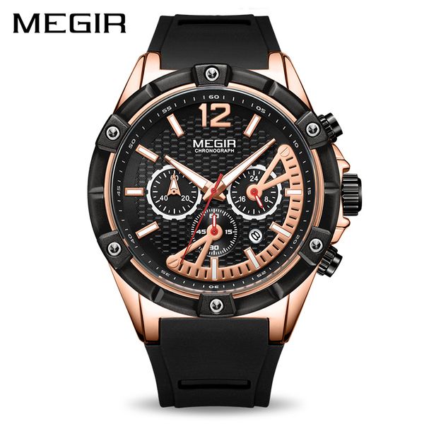 

megir gold men's chronograph sport watch men fashion analog quartz watch luminous hands silicone rubber strap wristwatch clocks, Slivery;brown