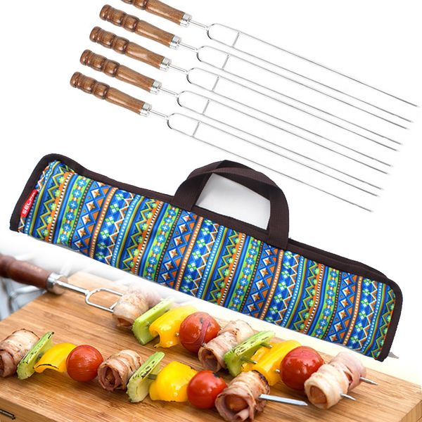 

stainless steel barbecue skewers wood handle metal roasting needle camping outdoor bbq tools forks 5p/set