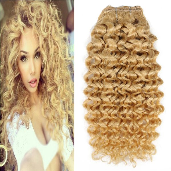 

100g brazilian kinky curly blonde color 613 machine made remy clip in human hair extensions thick 7pcs/set brazilian hair 4b 4c, Black;brown