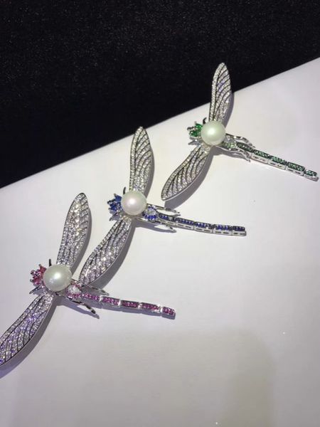 

green red blue dragonfly zircon freshwater pearl white coin brooch fppj wholesale beads nature unique, Slivery;golden