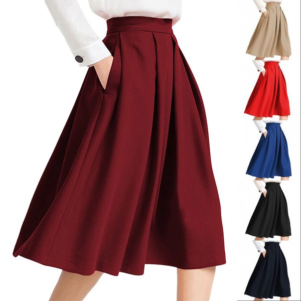 

Женщины Midi Плиссированные юбки высокой талии длиной до колен карманы Девушки лин