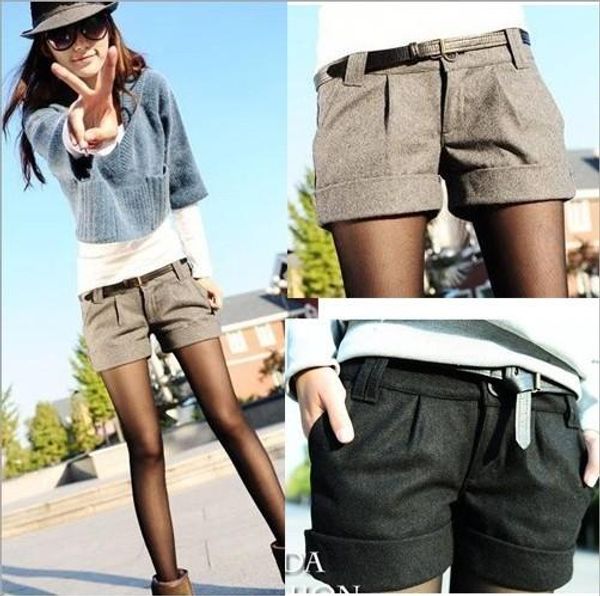 

2015 autumn and winter women's turn-up straight woolen bootcut short pants plus large big size casual shorts black grey, White;black
