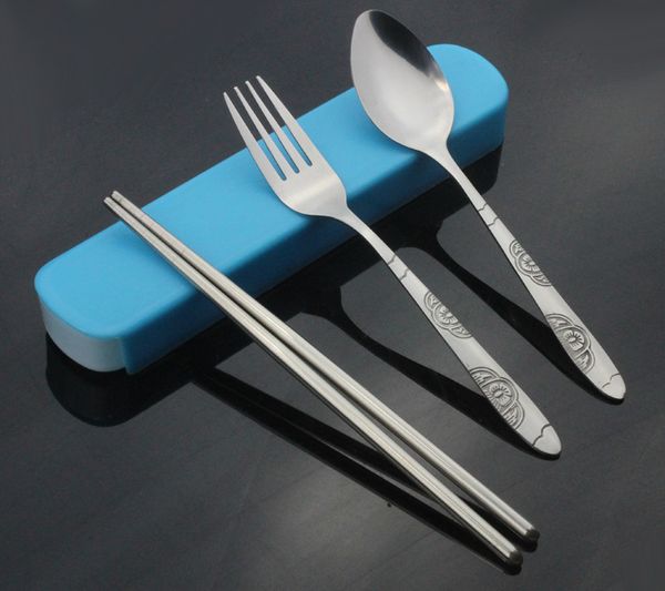 

3pcs/set 3 in 1 cutlery set spoon fork travel chopsticks stainless steel tableware kits with platic box dinnerware set kv 081