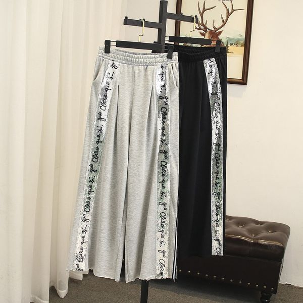 

ubetoku 2018 autumn women wide leg pants ladies trousers drawstring sequins letter 4xl plus size fashion women clothing, Black;white