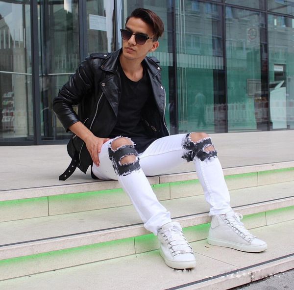 

Streetwear Men Ripped Kanye Fashion Pants White And Black Pencil Pants For Men Full Length Jeans