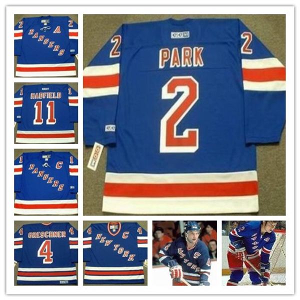 

Mens #2 BRAD PARK New York Rangers #11 VIC HADFIELD #4 RON GRESCHNER CCM Vintage Away Retro Hockey stitched Jersey size S-4XL