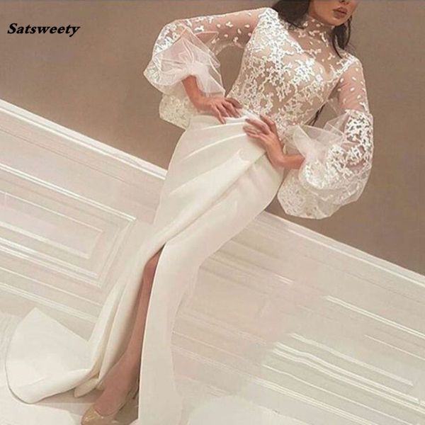 

white muslim evening dresses mermaid high collar long sleeves lace slit islamic dubai saudi arabic long evening gown prom, Black;red