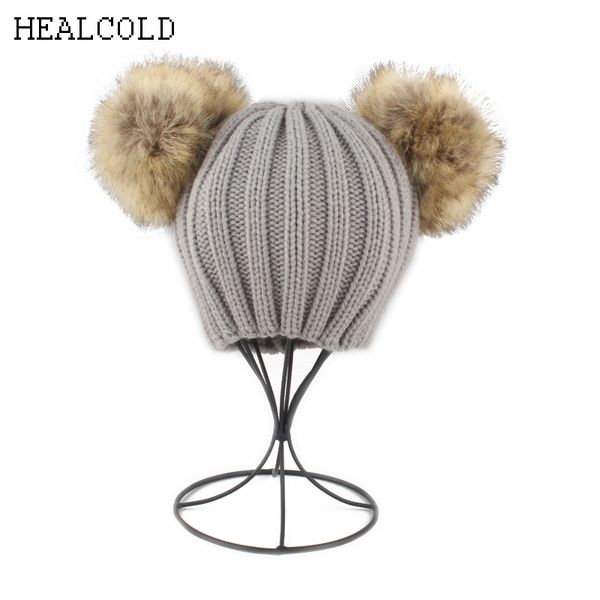 

winter warm knitted beanies hats for kids double fur pompom hat for girls boys pom pom beanie cap
