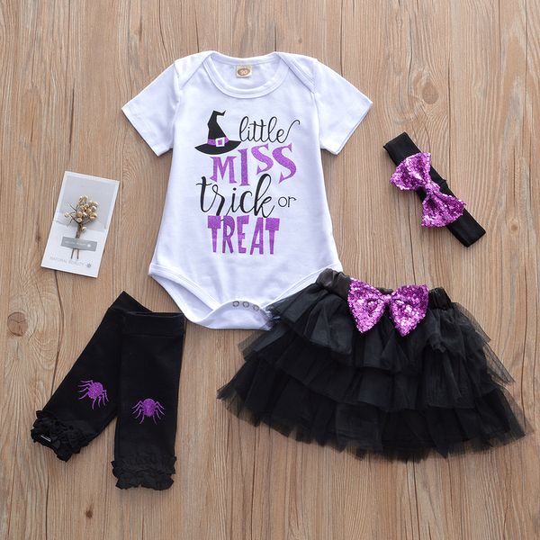 Halloween nouveau-né bébé vêtements plus récent infantile filles vêtements ensemble mode lettre barboteuse + tutu arc jupe en dentelle + legging + bandeau 4pcs ensemble tenues