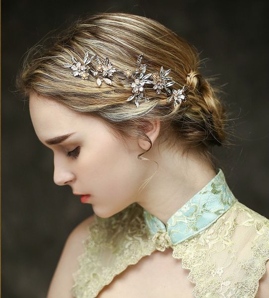Vintage Gold Flower Leaf Crystal Wedding Headpiece Tiara Handmade