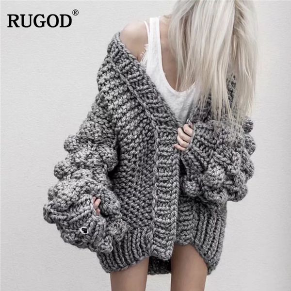 

rugod latest loose lantern sleeve hand knitted cardigan sweater women fashion shrug sweater 2018 winter warm short jacket blouse, White;black