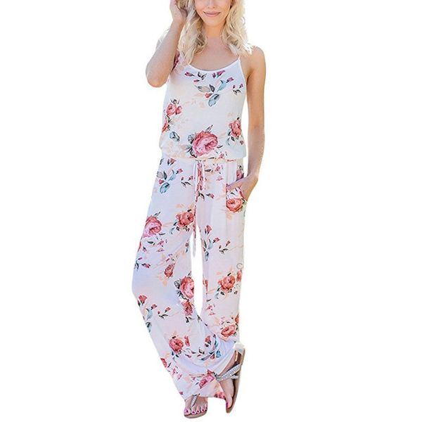 

wide leg long pants casual off the shoulder womens romper female floral printed spaghetti strap loose backless jumpsuits rompers, Black;white