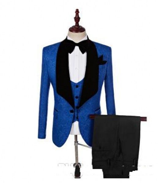 Smoking da uomo blu royal con motivo cachemire Smoking da sposo eccellente con risvolto nero con spacco laterale da uomo per cena d'affari, giacca da ballo (giacca + pantaloni + cravatta + gilet) 5