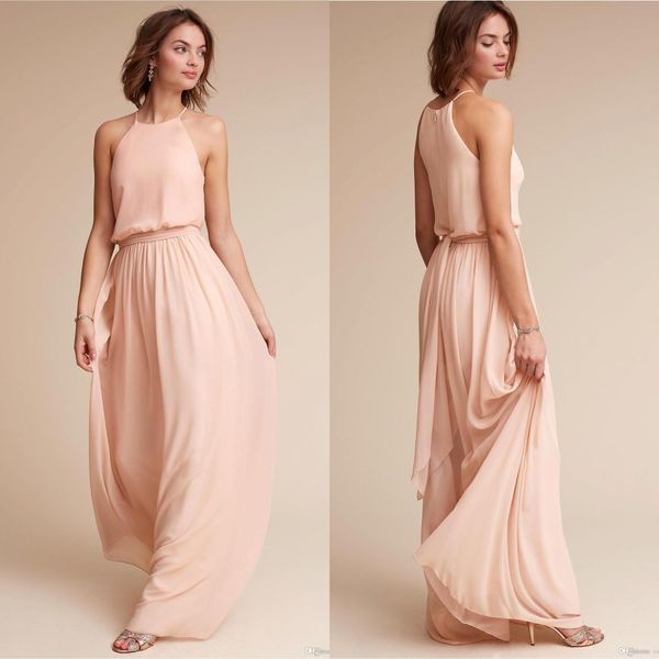 

blush pink chiffon bridesmaid dresses 2020 halter long maid of honor gowns wedding guest party dress country bm0035