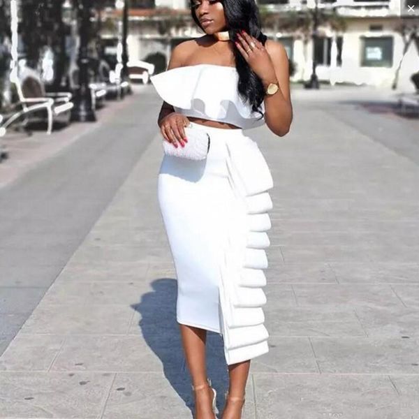 

Cheap Two Pieces Prom Dresses Strapless Ruffles Tea Length Mermaid Evening Gowns Zipper African Formal Wear Cocktail Party Dress