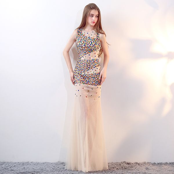 

beaded tulle prom dresses champagne sheath evening dress new jewel neck prom gowns floor length party dresses, Black