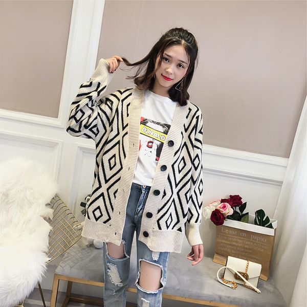 

autumn winter geometry loose sweater women jacket 2018 new korean style single-breasted long knitted cardigan female sweaters, White;black