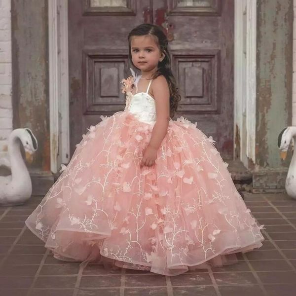 

pink ball gown flower girl dresses for weddings spaghetti straps appliques lace girls pageant dress back criss cross straps kids party dress, White;blue