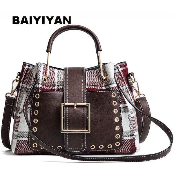 

baiyiyan pu leather plaid quality bags handbag large women shoulder bag capacity high metal handle tote bags itaql, Red;black