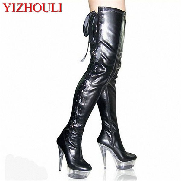 

15cm high-heeled shoes over-the-knee long boots crystal shoes stage motorcycle boots plus size thigh high, Black