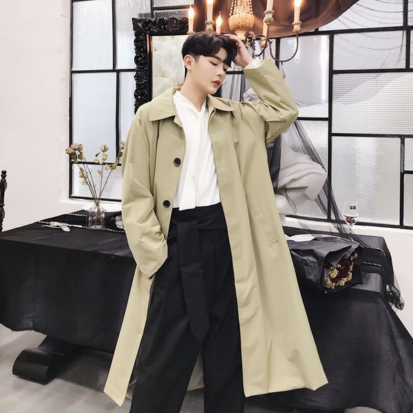 

men vintage fashion casual loose long trench coat male japan style windbreaker cardigan jacket autumn spring overcoat, Tan;black